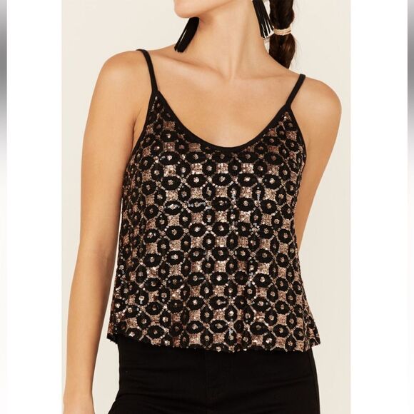 Shyanne Black Golden Bronze Sequin Diamond Pattern Sparkle Tank Top NEW - Picture 3 of 16